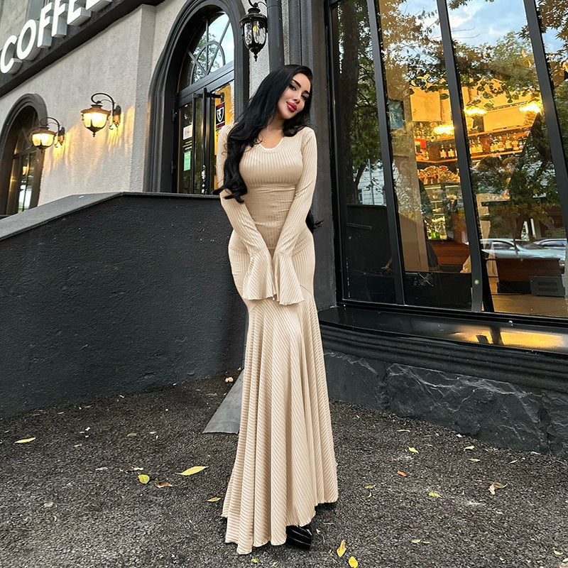 Autumn Winter round Neck Waist Trimming Flared Long Sleeve Dress Elegant Fishtail Solid Color Dress