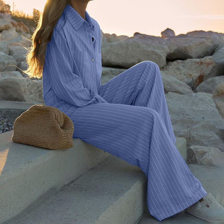 Women Clothing Striped Collared Long Sleeve Short Shirt Loose Wide Leg Pants Two Piece Set