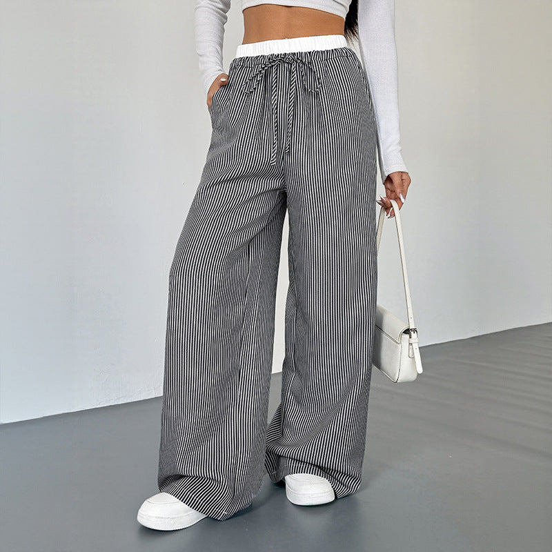 Fall Color Contrast Patchwork Striped Casual Trousers All Matching Straight Pants Women