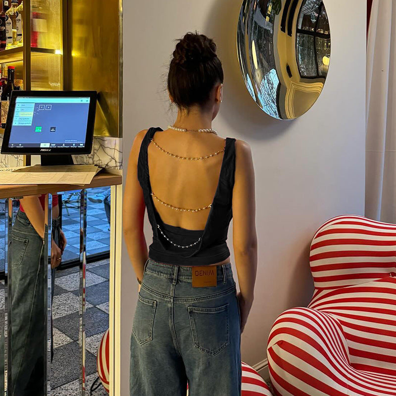 Outdoor Sexy Chain Backless Top Summer All Match Pleated Women