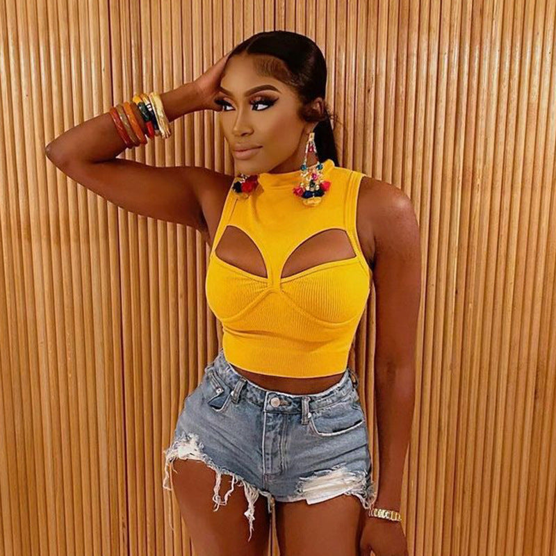 Sexy Open Chest Top Spring Solid Color Hollow Out Cutout All Matching Vest for Women