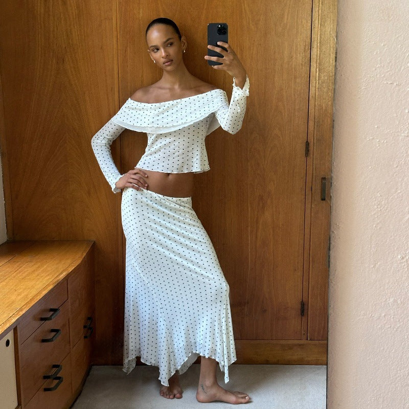 Women Clothing Fall Sexy off Shoulder Knitted Long Sleeved Top Low Waist Graceful Beach Skirt Two Piece Sets