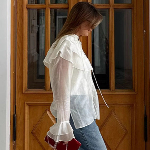 French Ruffled Tencel Yarn Bell Sleeve Ruffled Shirt Spring Summer Top