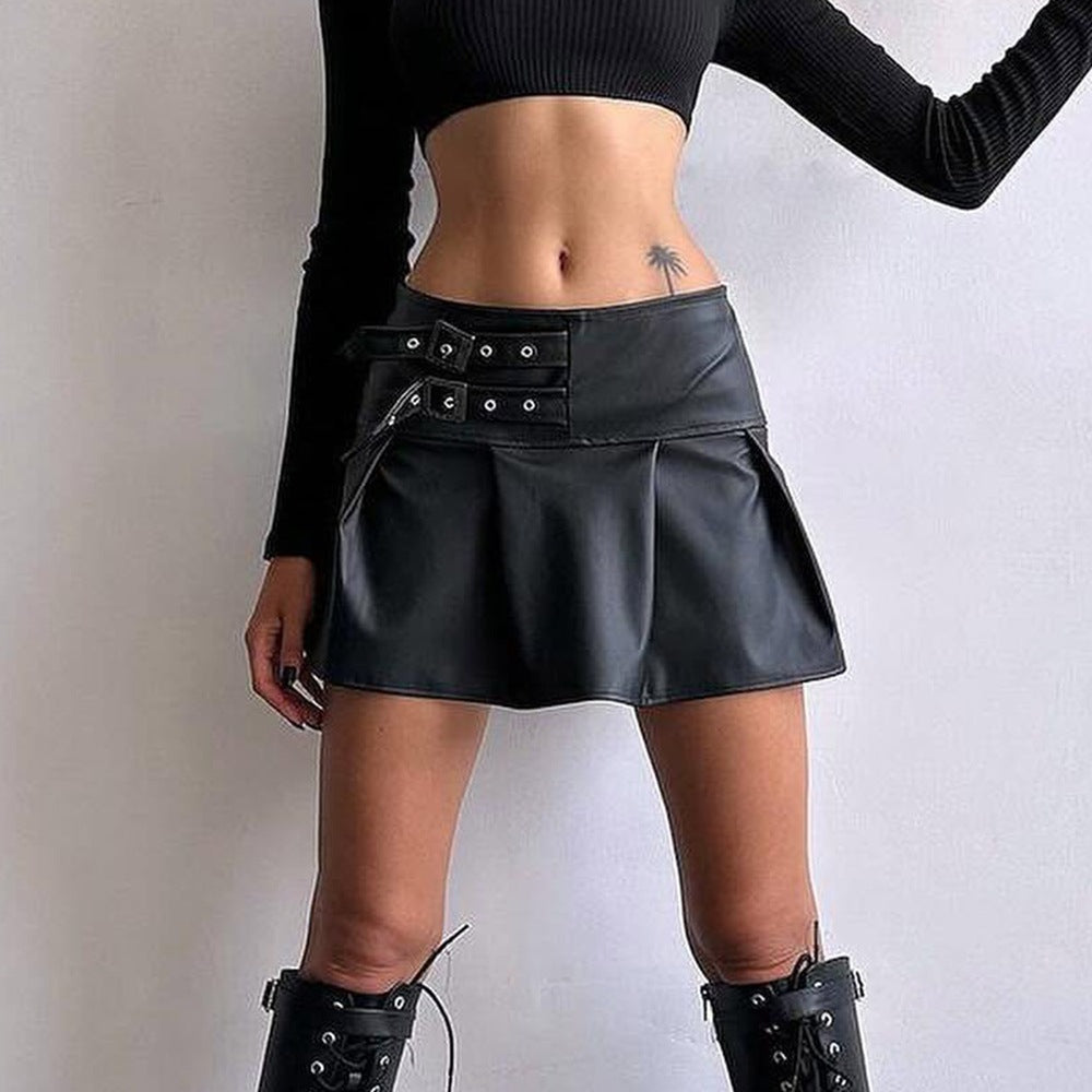 Women Clothing Sexy Punk Skirt Faux Leather Advanced Pleated Short Skirt