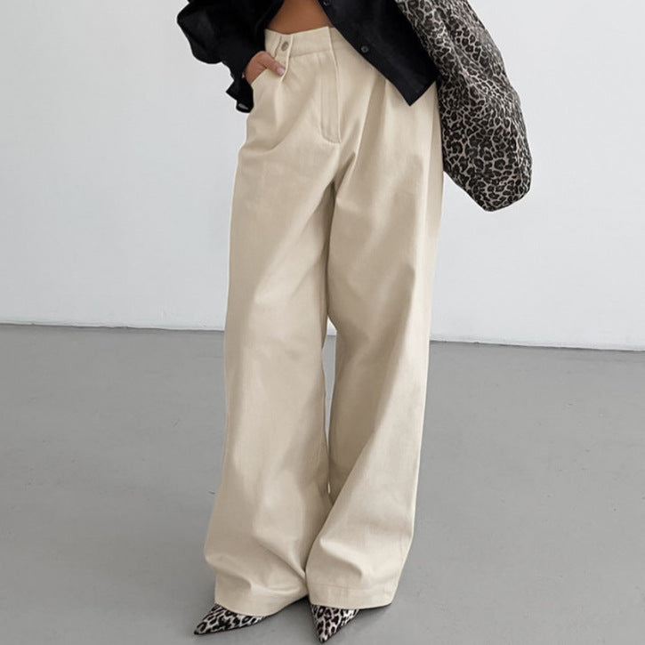 Autumn Winter Khaki High Waist Wide Leg All Matching Casual Pants Women Clothing Loose Trousers