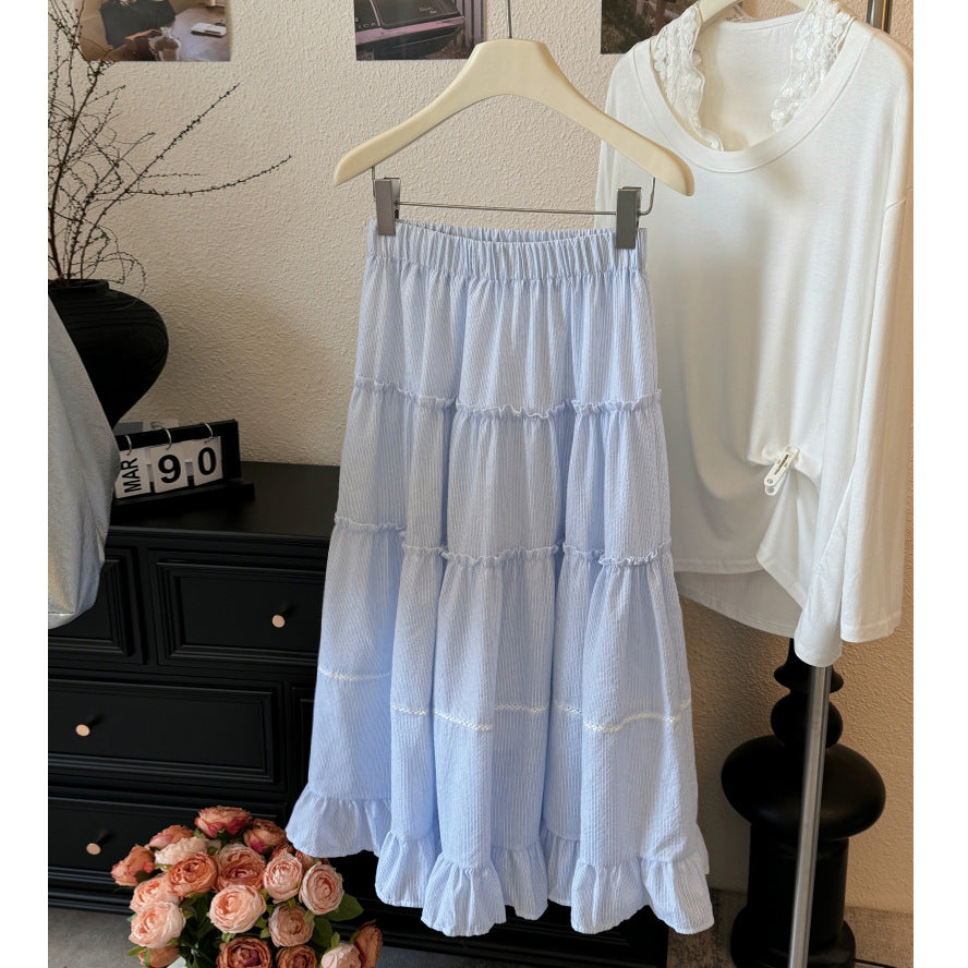 Sweet Tiered Dress A line Skirt Spring Summer Fresh Mid Length Slimming High Waist Stitching Large Swing Skirt