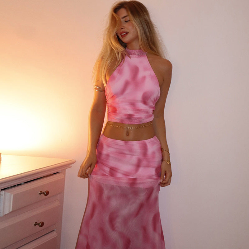 Summer Women Clothing Sexy Halter Backless Print Mesh Skirt Two Piece Set
