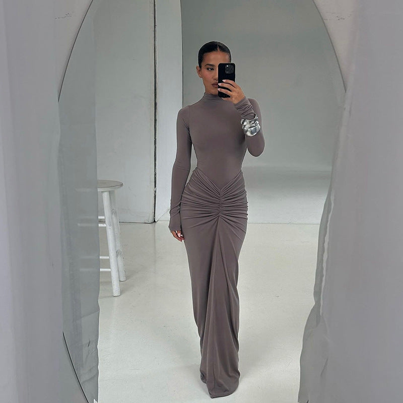 Autumn Winter Sexy Slimming Beam Waist Solid Color Maxi Dress Pleated Dress Women
