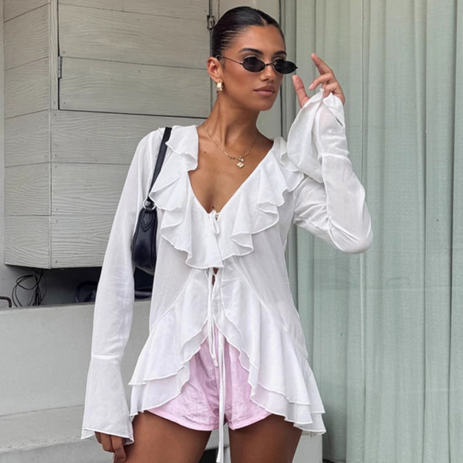 French Chiffon V neck Flared Sleeves Ruffled Long-Sleeved Shirt Spring Summer Top