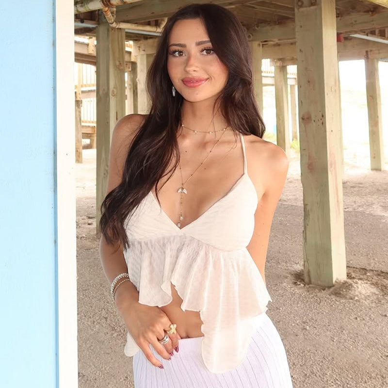 Women Clothing Summer Sexy Low Cut V neck Solid Color Texture Halter Backless Small Tank Top