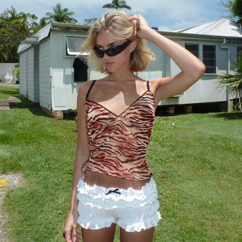 Women Clothing Tiger Stripe Pattern Sexy Low Cut V neck Waist Slimming Wooden Ear Small Tank Top
