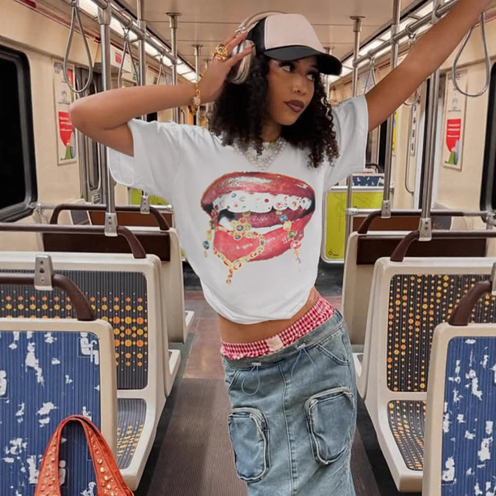 Personality Big Mouth Printing Stylish T shirt Loose round Neck Short Sleeve Top Women Clothing
