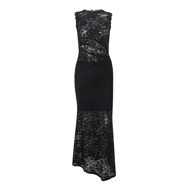 Women Clothing Summer Sexy Lace Hollow Out Cutout Top See through Hip Skirt Set Women
