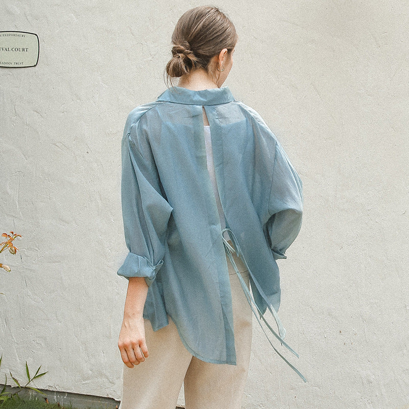 Back Lace Up Tencel Sun Protection Shirt Summer Lazy Wind Micro Transparent Long Sleeve Loose Cardigan Top