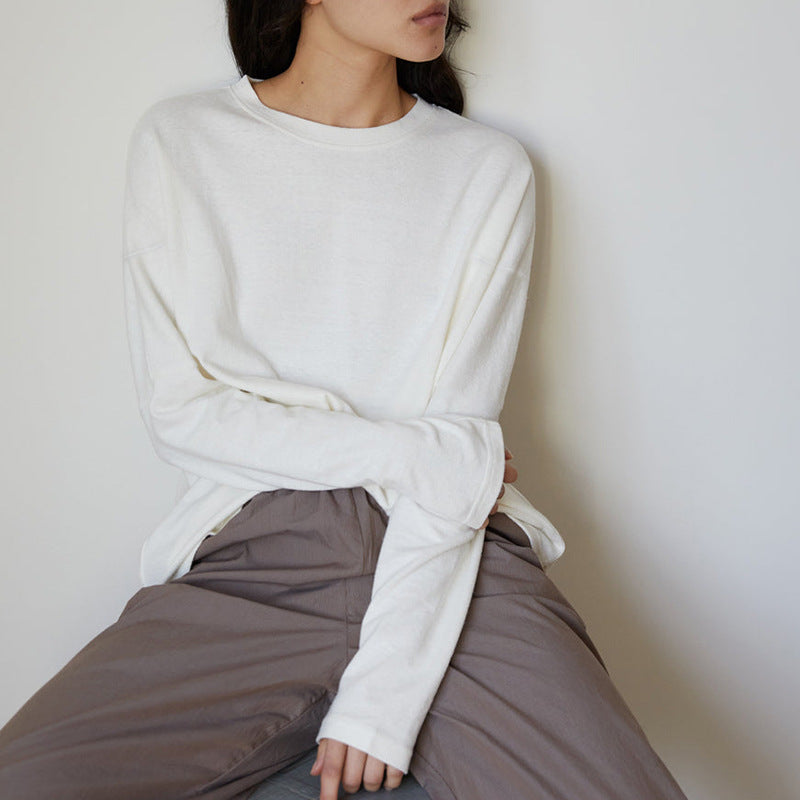 Autumn Winter Wild Heavy Hibiscus Cotton Double Sided round Neck T shirt Long Sleeve Brushed Office Casual Solid Color Outerwear Bottoming Shirt