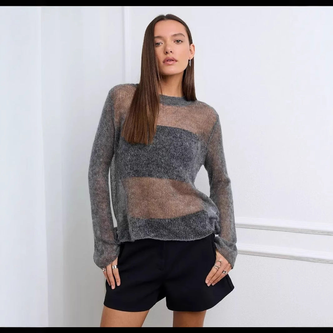 Gray Hollow Out Cutout out Knitted Blouse Women Spring Summer Coat Idle Loose Top Wool Knitted Sweater