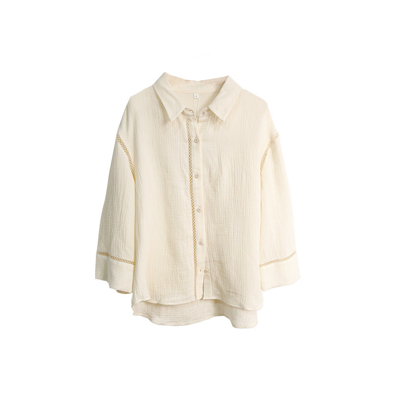 Women Cotton Shirt Summer Lace Cutout Design Long Sleeve Shirt Loose Breathable Top Clothing for Air Conditioned Rooms