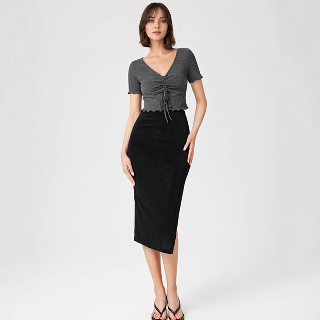 Women Clothing Summer Sexy V neck Drawstring Slimming Short Cropped Outfit Sexy Short Sleeve T shirt Top