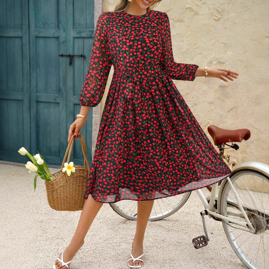 Vacation Casual Floral Lace up Waist Controlled Dress Women Spring Summer