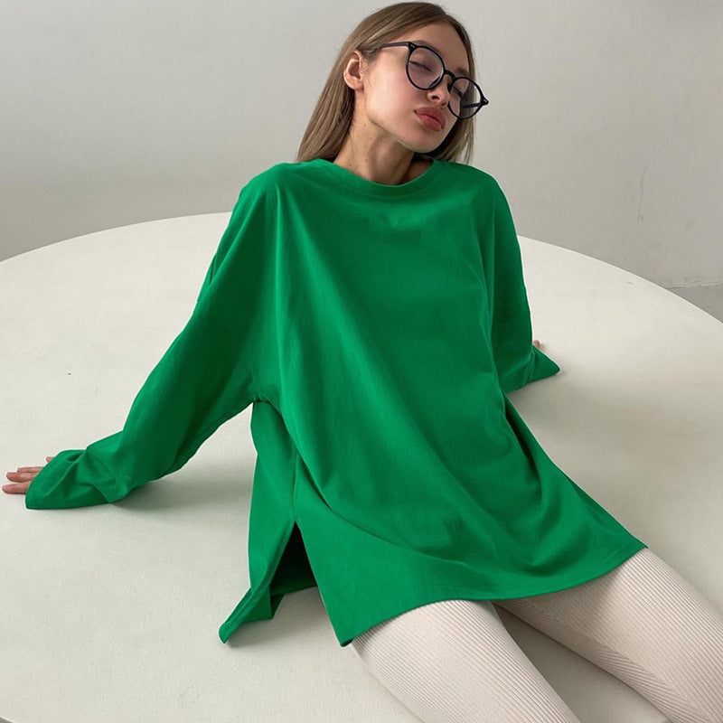 Loose Long Sleeve Split T shirt Women Solid Color Spring Summer Women Clothing Cotton Top