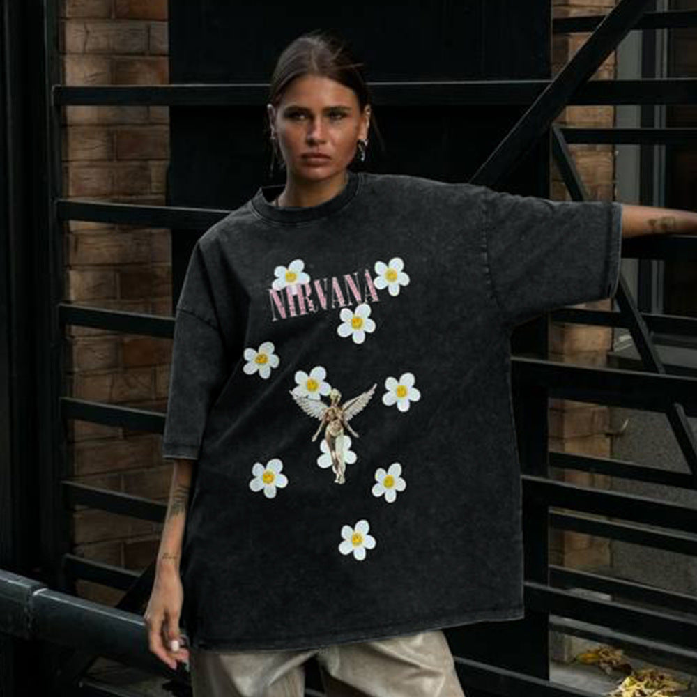 Loose Cotton Washed Printed T shirt Summer Floral Printed Half Sleeve T shirt for Women
