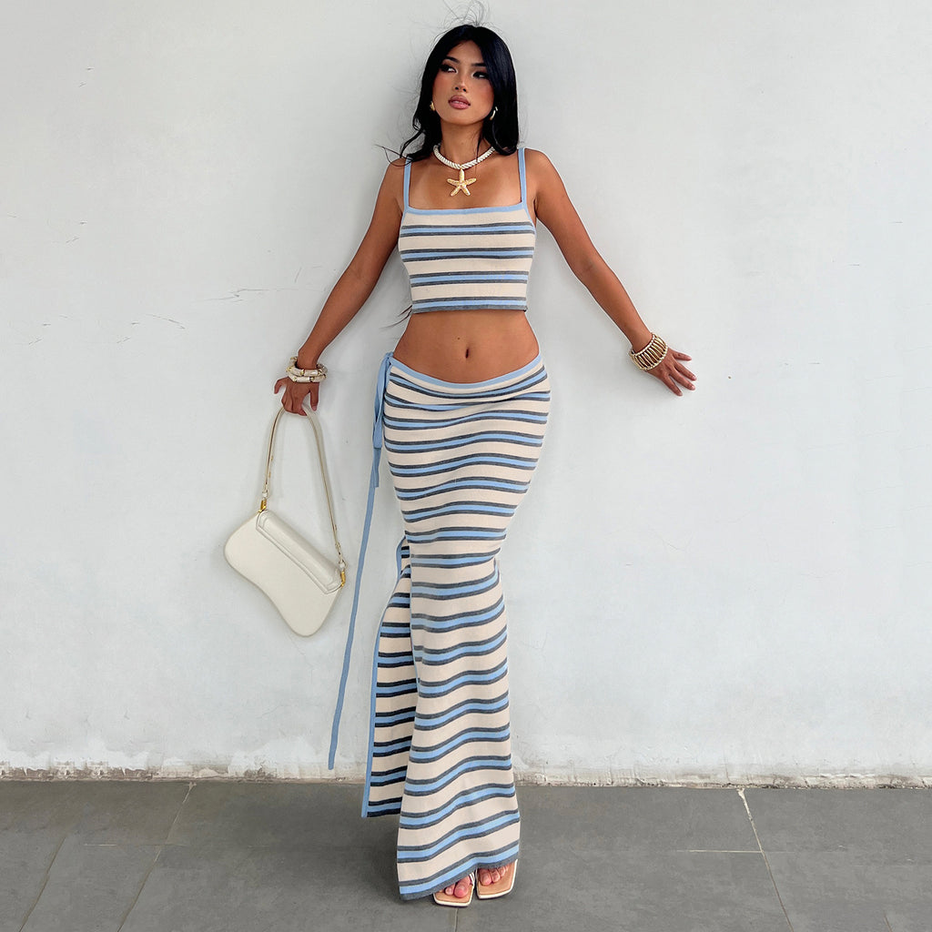 Casual Vacation Knitted Striped Skirt Set Cropped Short Strap High Waist Lace up Skirt Two Piece Set