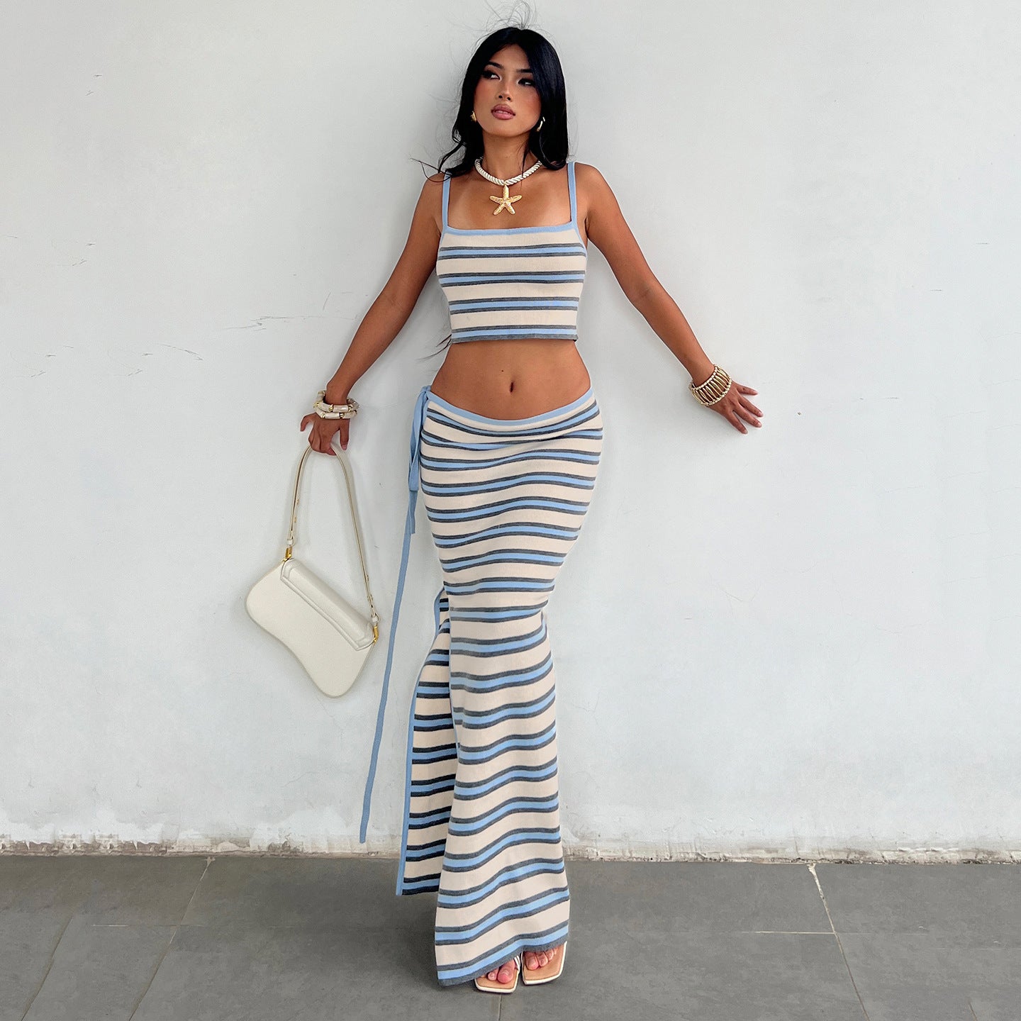 Casual Vacation Knitted Striped Skirt Set Cropped Short Strap High Waist Lace up Skirt Two Piece Set