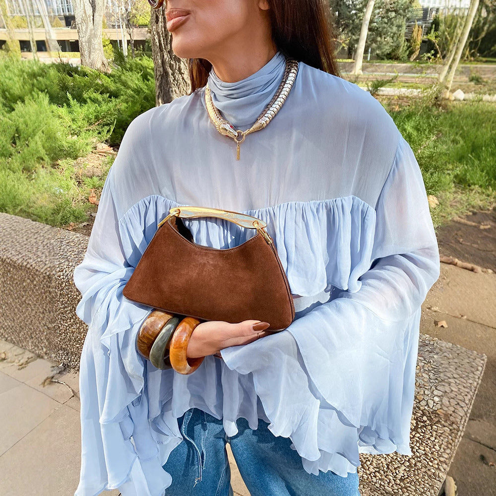 High Collar in Blue Elegant Flare Sleeve Ruffled Women Shirt Spring Summer Top
