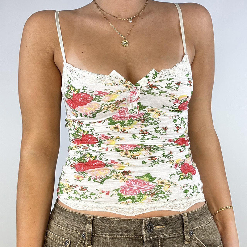 Women Lace Stitching Floral Camisole Sexy Slim Fit Top