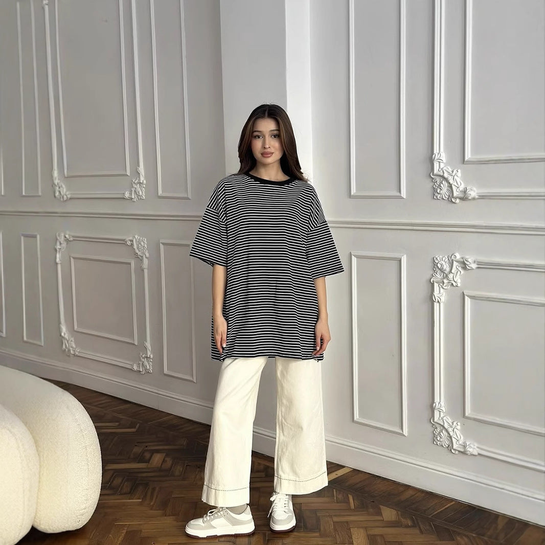 Black White Striped Short Sleeved T shirt for Women Spring Summer Contrast Color Loose T shirt round Neck Casual Top Bottoming Shirt