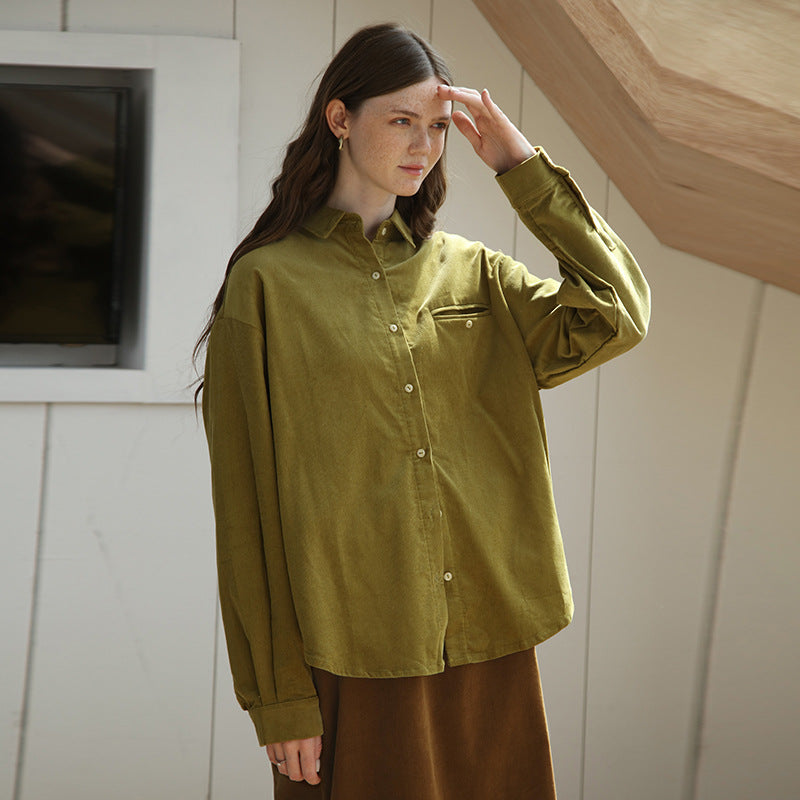 Autumn Winter Retro Elegant Corduroy Women Shirt French High Grade Loose Long Sleeve Collared Shirt for Women