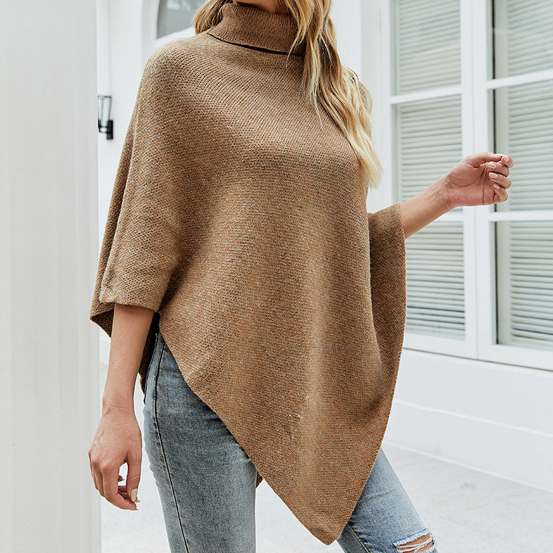 Autumn Winter Shawl Cape Solid Color Turtleneck Women Sweater