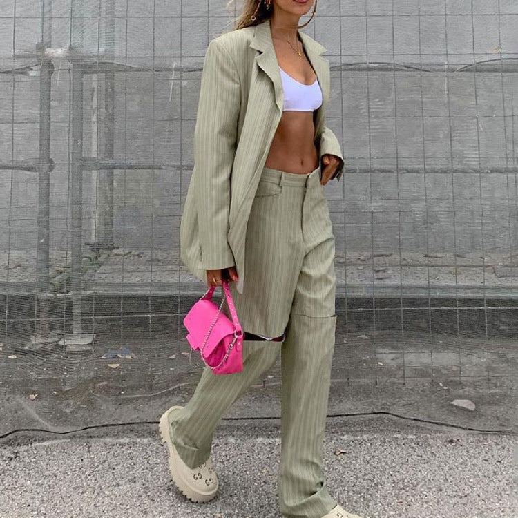 Striped Loose Women Spring Autumn Casual Jacket Trousers Two Piece Set