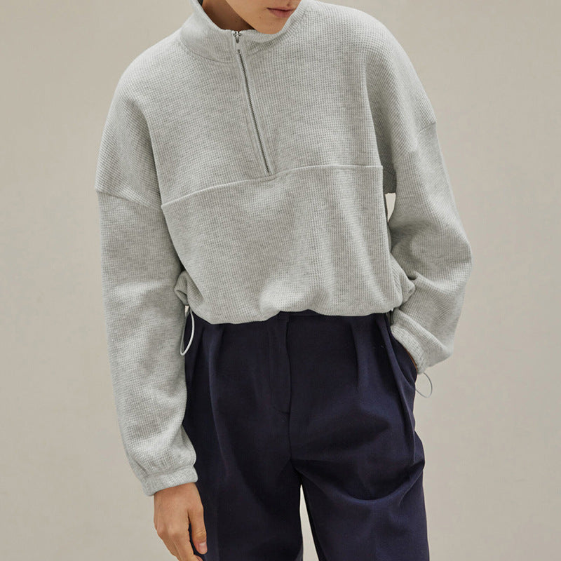 Fall Waffle Sweatshirt Women Clothing Long Sleeve Zipper Polo Shirt Drawstring Waist Casual Pullover