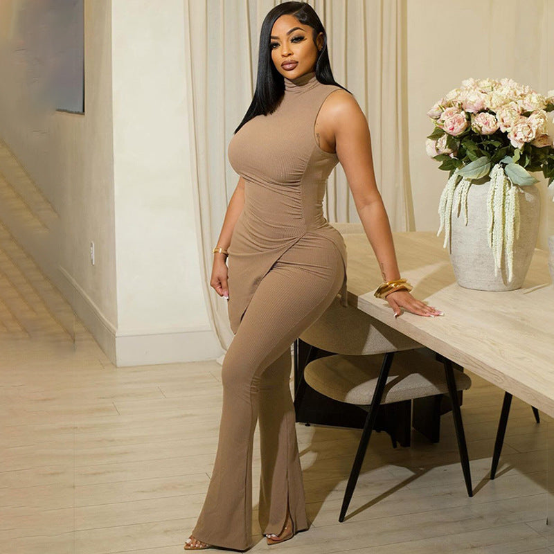 Summer Solid Color Sleeveless High Neck Split Top Slim Trousers Casual Two Piece Set