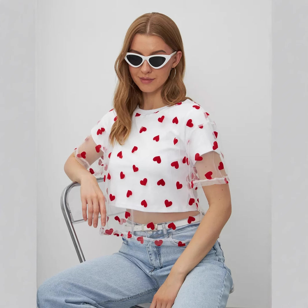 Summer Love Mesh Stitching T shirt Contrast Color Women Faux Two Piece Cotton Short Top