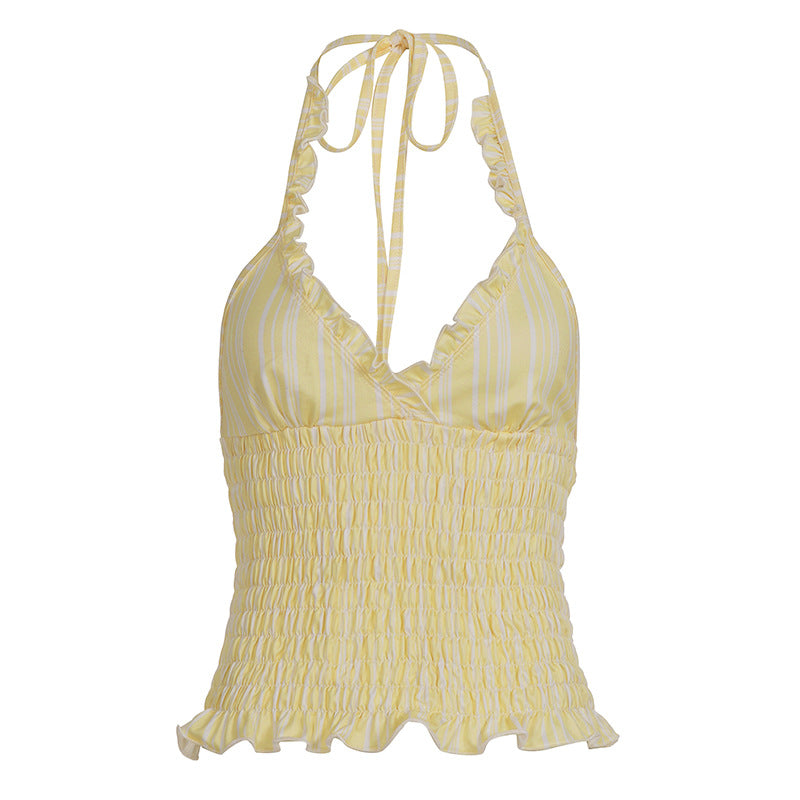 Sexy Halter Striped Pleated Smocking Waist Trimming Spaghetti Straps Vest Short Summer Fresh Top