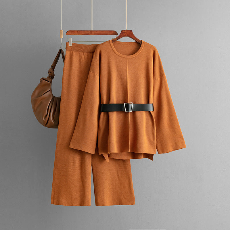 Women Autumn Winter Knitted Belt Top Loose High Waist Wide Leg Pants Two Piece Sets