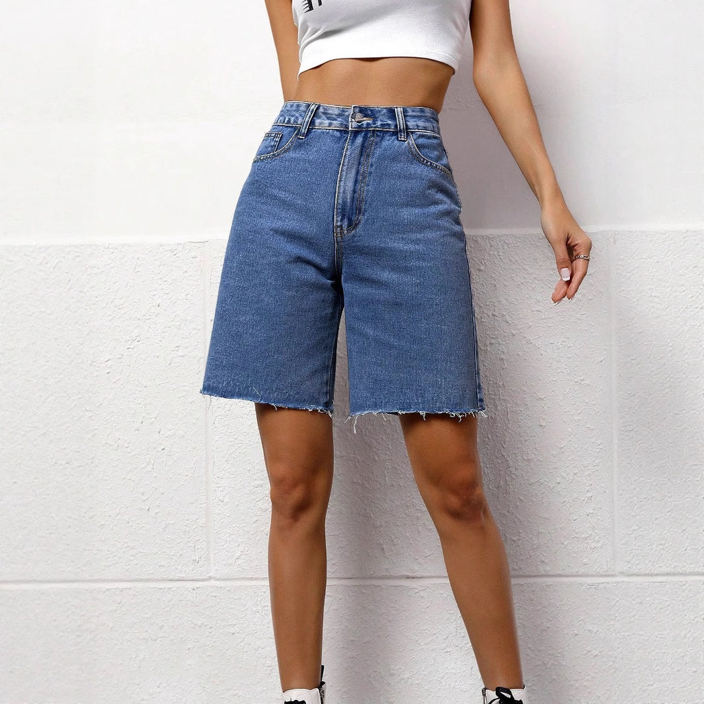 Women Clothing Loose Casual Washed out Denim Five Points Denim Shorts