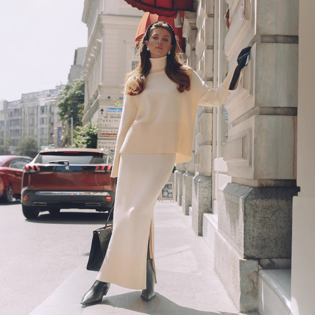 Turtleneck Sweater Skirt Set Women Autumn Winter Loose Sweater Split Skirt Set