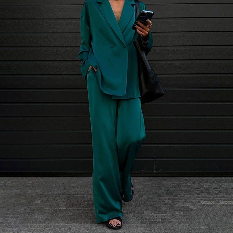 Casual Green Satin Suit Two Piece Set Western Women Clothing High End