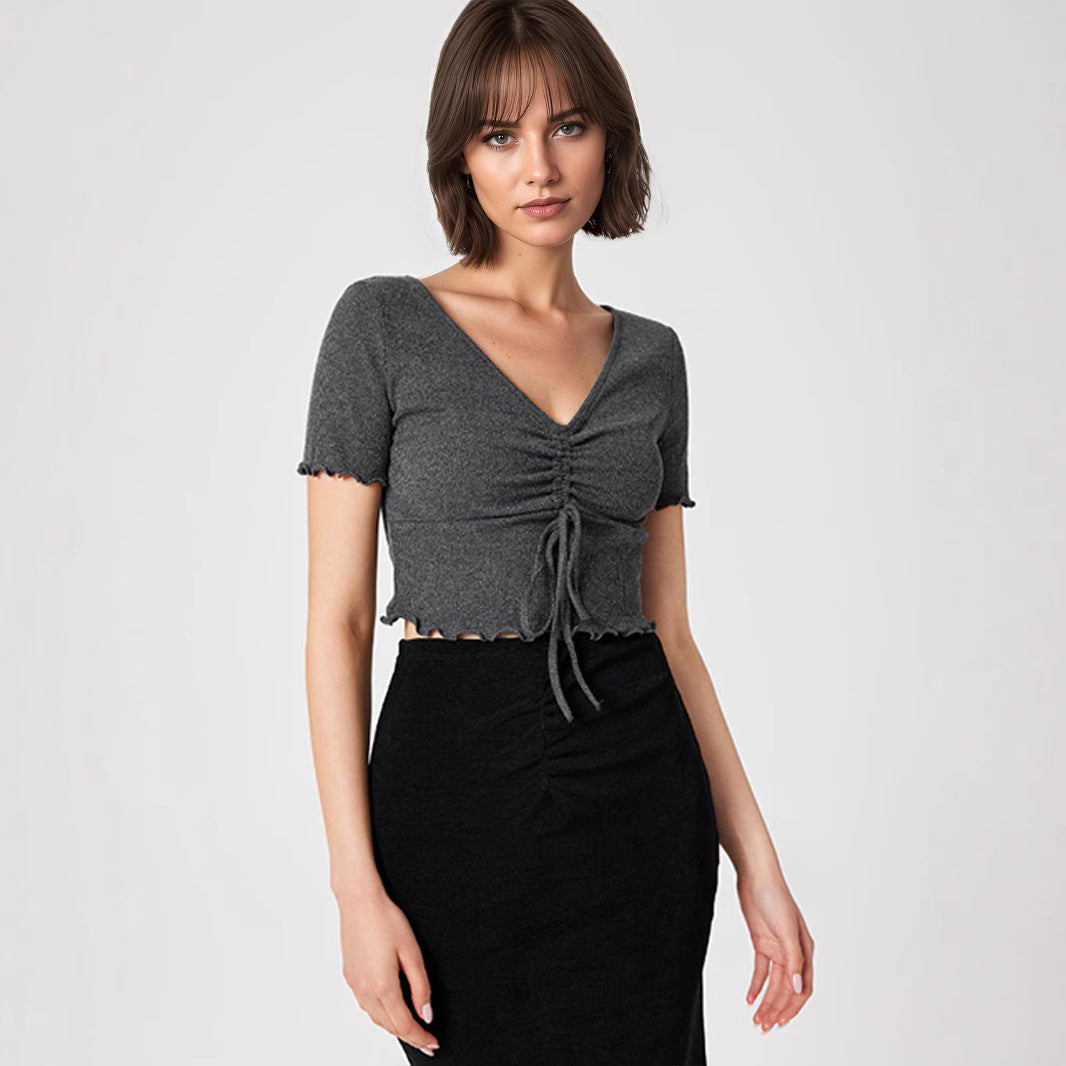 Women Clothing Summer Sexy V neck Drawstring Slimming Short Cropped Outfit Sexy Short Sleeve T shirt Top