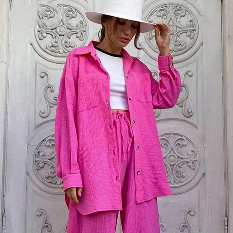 Fashion Loose-Fitting Long Sleeves Shirt Wide Leg Pants Two-Piece Set Commuting Elegant Pink Suit