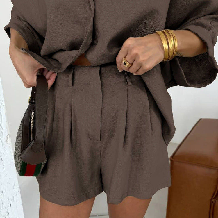 Casual Shirt Outfit Women Polo Collar Short Sleeve Cardigan Top Shorts Two Piece Set