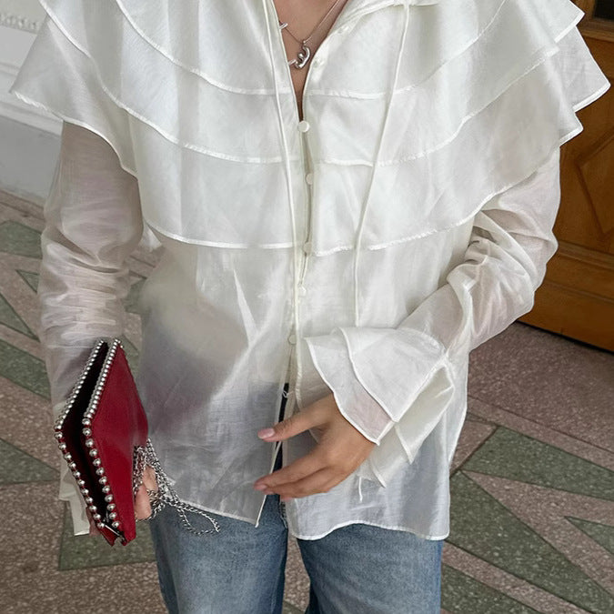 French Ruffled Tencel Yarn Bell Sleeve Ruffled Shirt Spring Summer Top