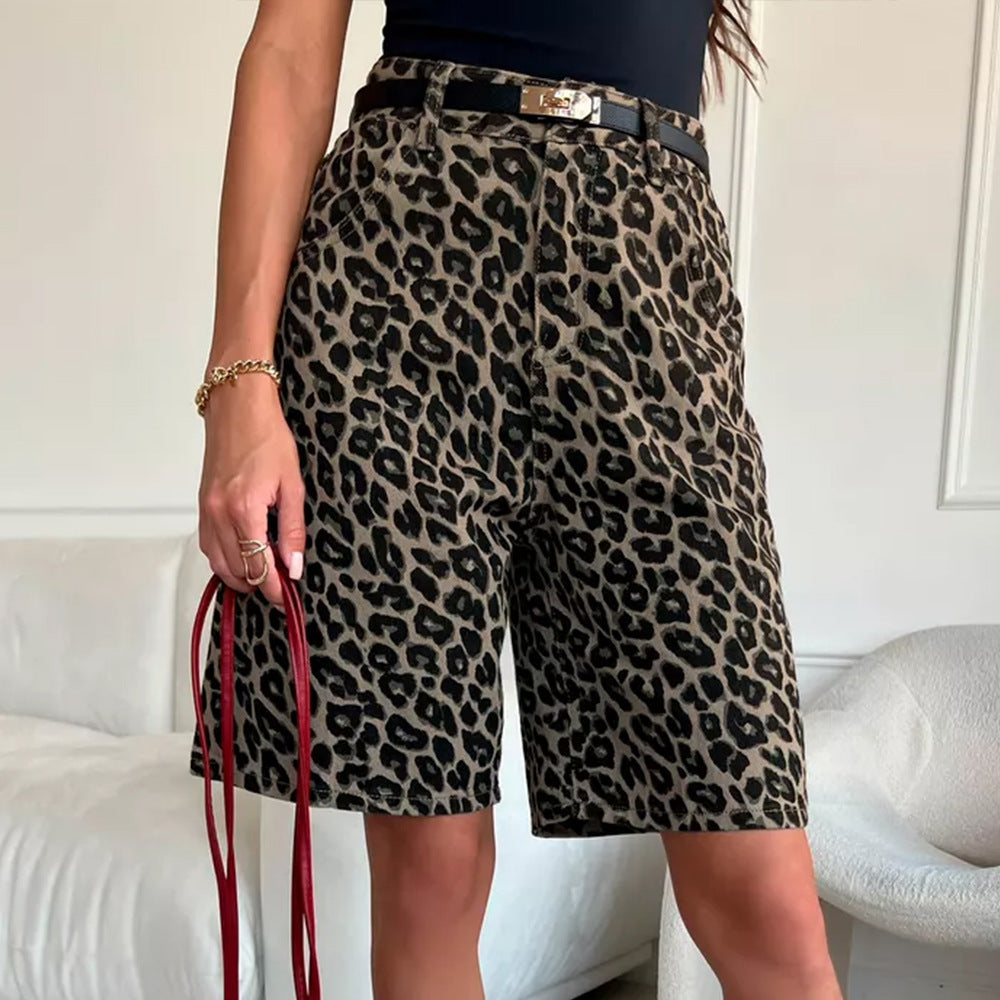 Cotton Leopard Print Shorts Summer Leopard Print Shorts Loose Casual Straight Pants