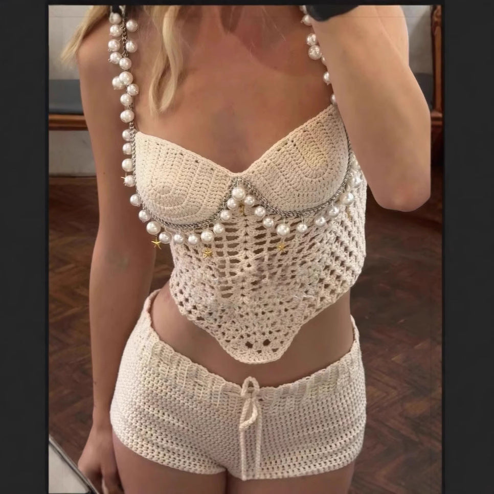Spring Summer Sexy Solid Color Crop Top Spaghetti Strap Beaded Top Short Sets
