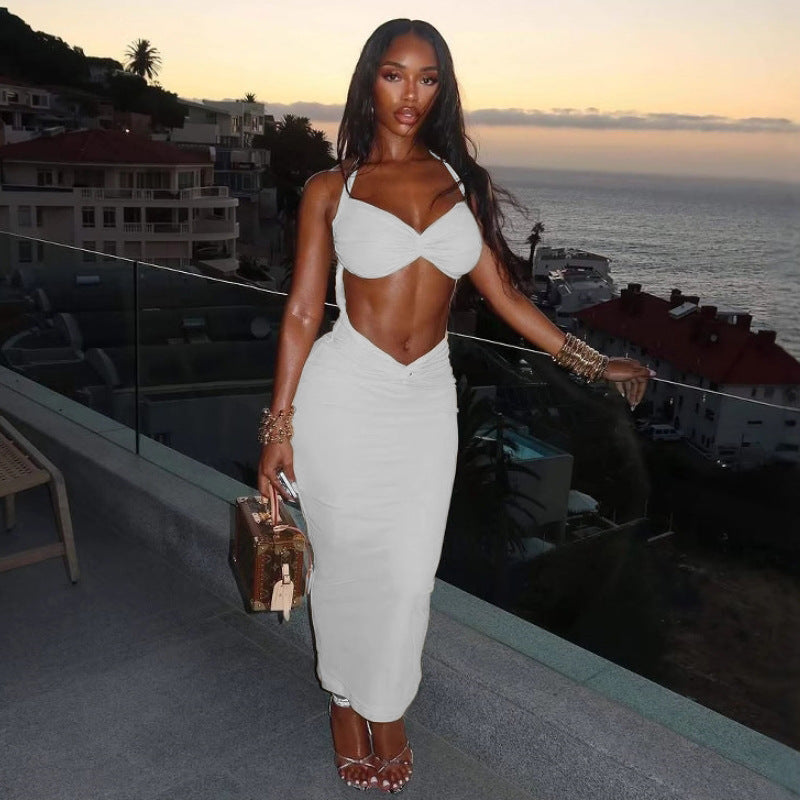 Summer Sexy Solid Color Halter Hollow Out Cutout Sleeveless Slim Fit Hip Dress