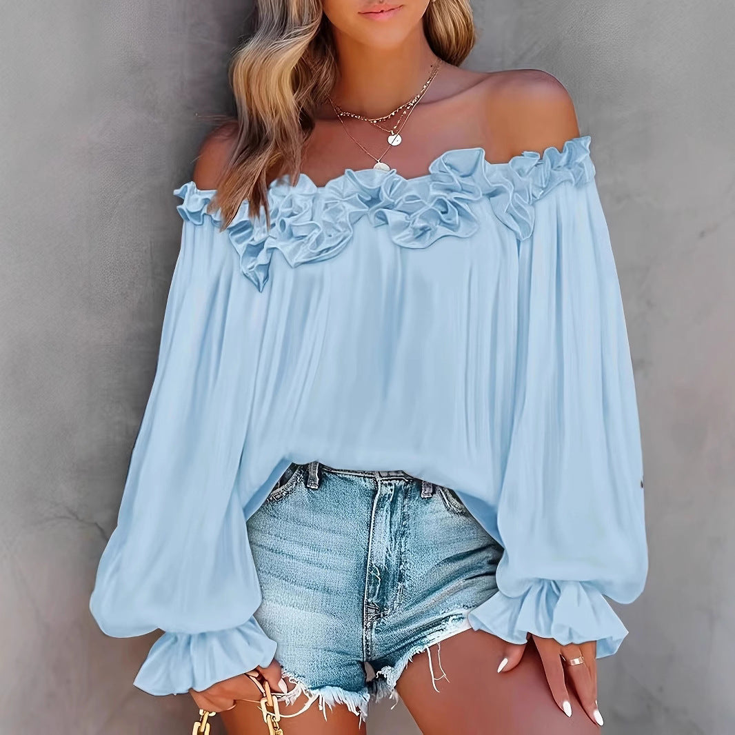 Elegant Casual off Shoulder Shoulder Baring Long Sleeve Top Ruffle Sleeve Loose Mark Women Clothing