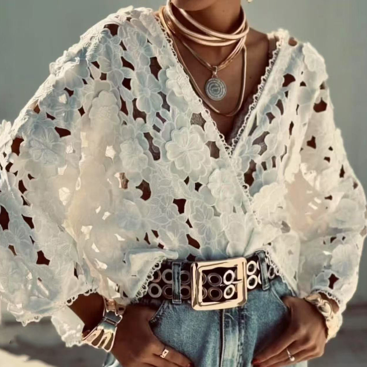 Autumn Winter Elegant Three Dimensional Lace Floral V neck Hollow Out Cutout Long Sleeve Shirt